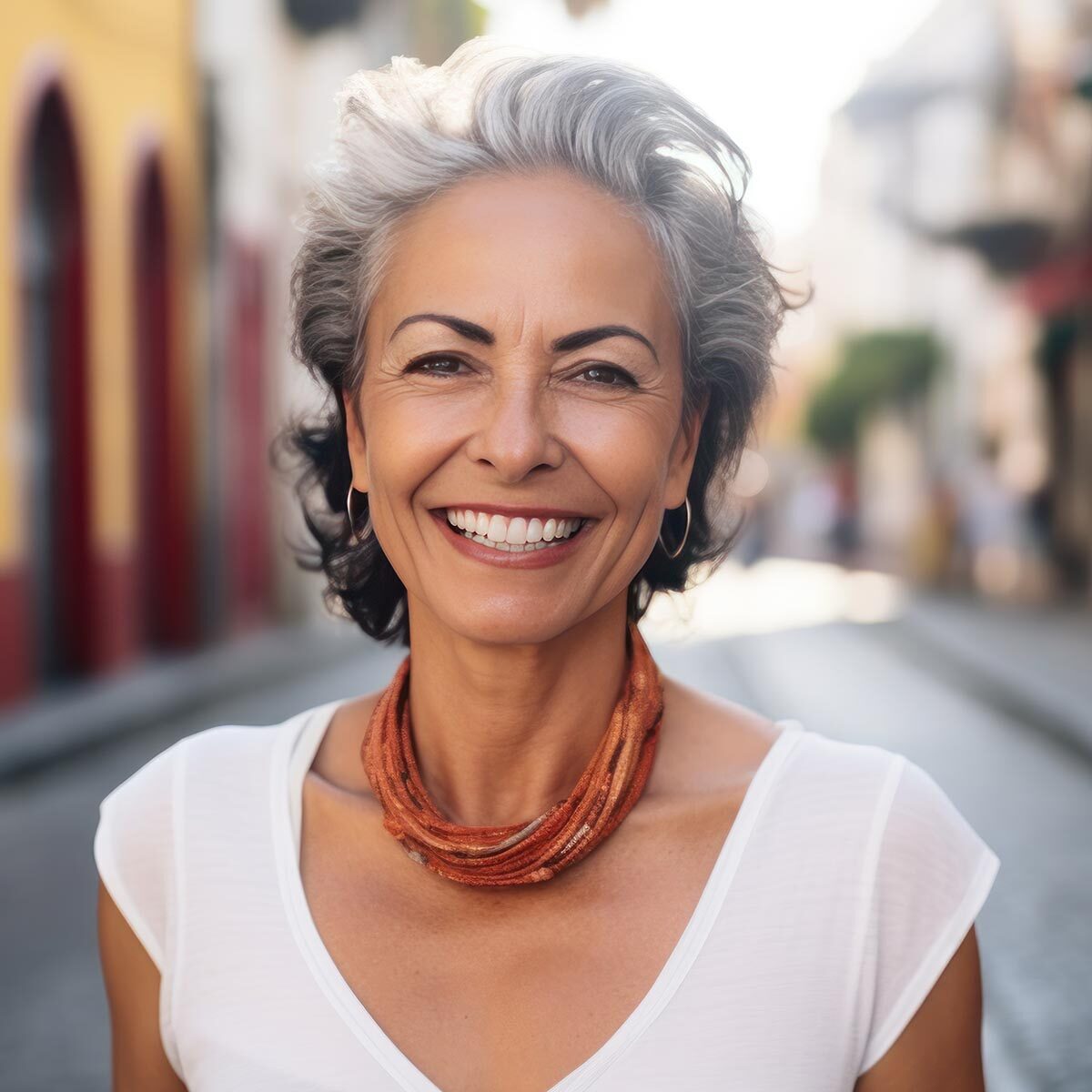 Smiling hispanic mature woman looking at the camera.